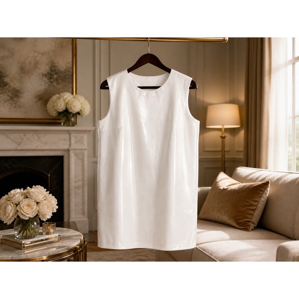 Norma Kamali Snow White Faux Leather Sleeveless Shift Dress NWT L / 40 Quiet Lux